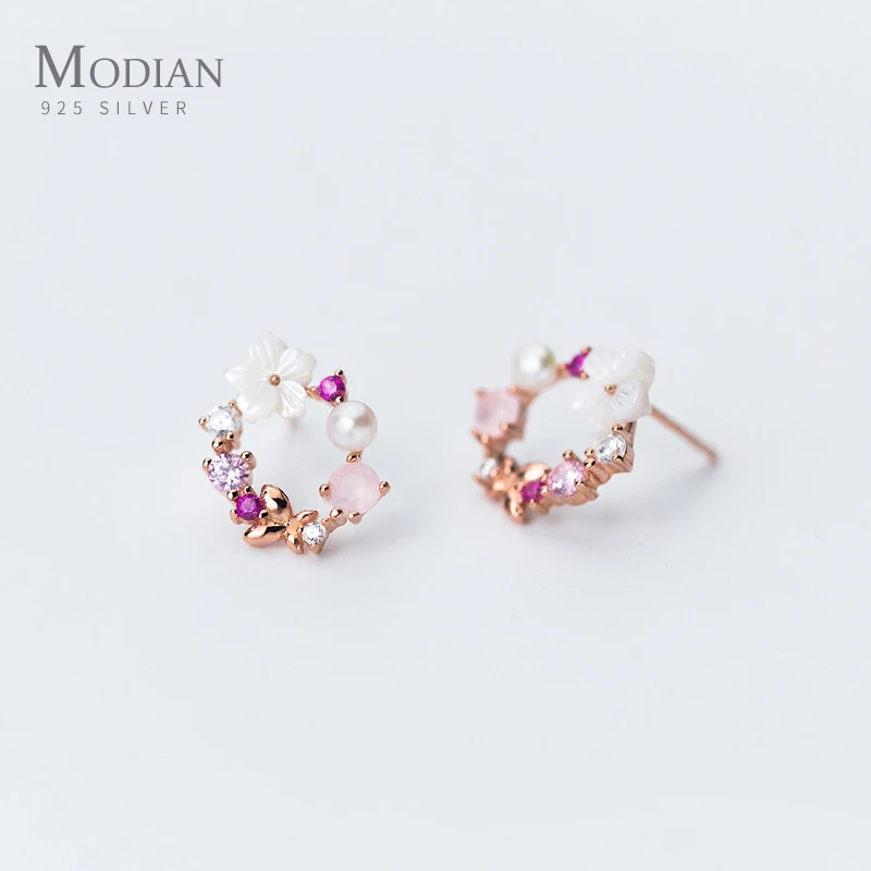 

Modian Original Brand Round Pink Flower Zircon Stud Earrings Fashion Charm Genuine 925 Sterling Silver Fine Jewelry Korean Gift