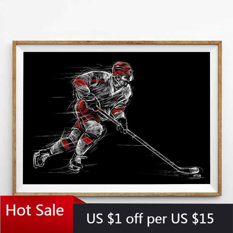 Ice Hockey Player at Rink Wall Art Poster Canvas Painting Boys Room Decor Sports illustration Picture Prints Wal | Дом и сад