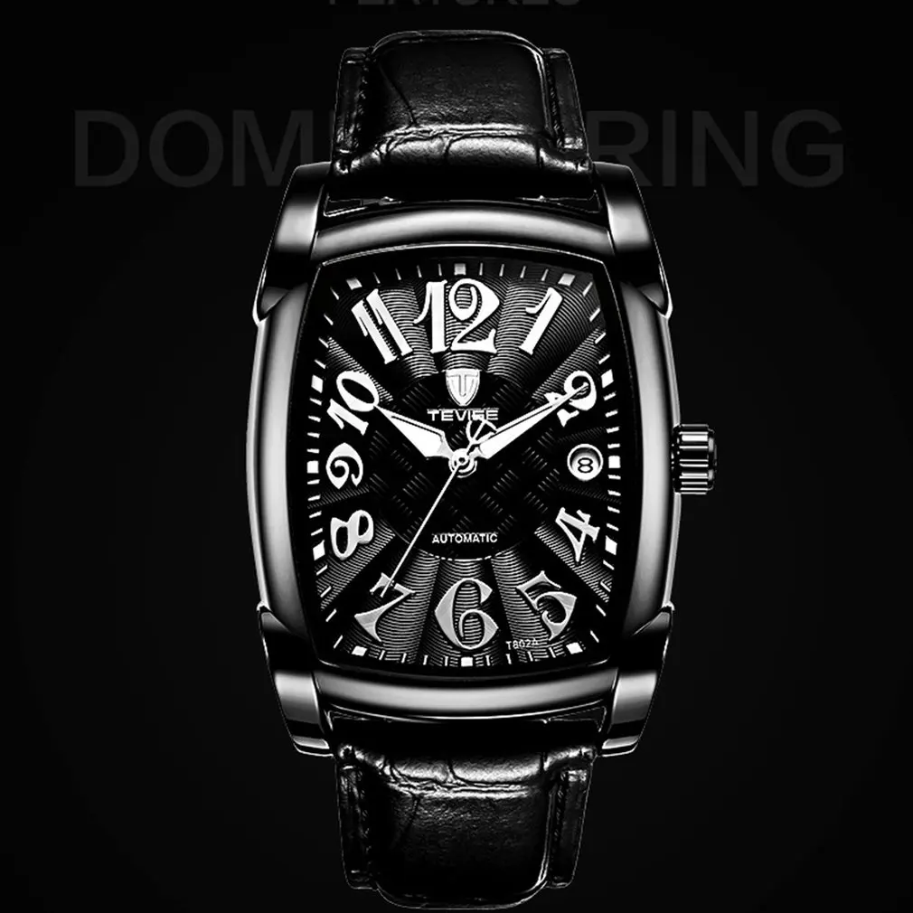 

TEVISE Fashion Men's Double Display Square Leather Belt Date Display Luminous Pointer Portable Men's Mechanical Watches