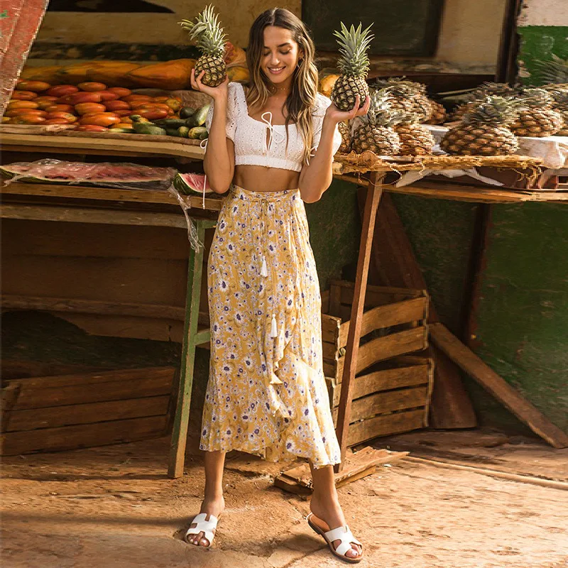 

Europe And America 19 Spring And Summer New Style Cotton Printed Ethnic-Style Skirt Cord of Slit Flounced Medium-length Dress