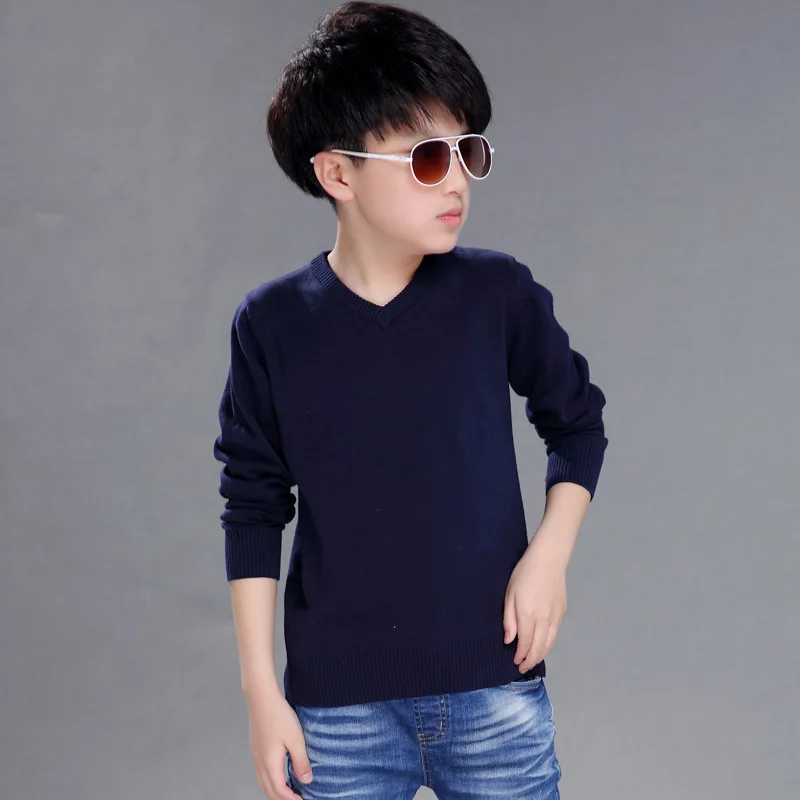 Navy Blue V-neck От 4 до 16 лет вязаные свитера для больших мальчиков Одноцветный о-образный вырез трикотаж одежда Детский модный свитер верхняя одежда для маленьких девочек - Цвет: Navy Blue V-neck