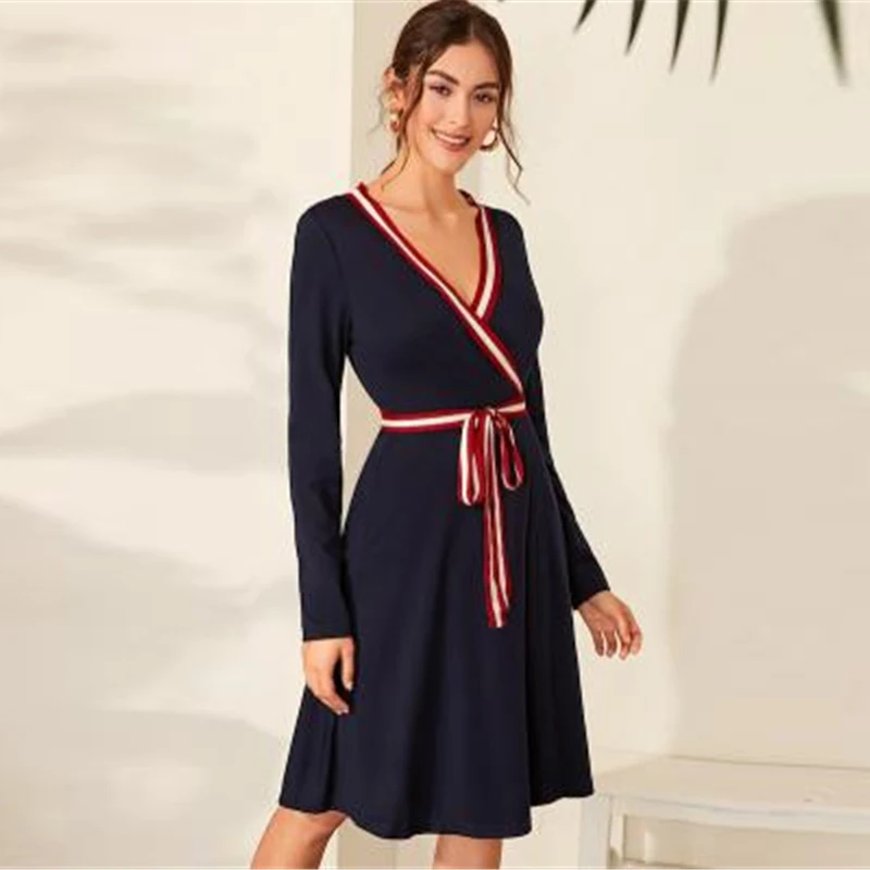 Sheinside Elegant Stripe Trim Patchwork Dress Women Autumn V Neck Wrap A Line Dresses Ladies Navy High Waist Belted Dress