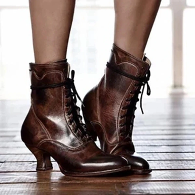 

Puimentiua Boots Women Shoes Fashion High Heel Lace Up Ankle Boots Ladies Buckle Platform Artificial Leather Shoes Feminina 2019