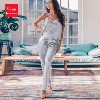 

High Quality Silk Pajamas Set Women V-neck Spaghetti Strap Elastic Waist Pants pyjamas Set Women Homewear Nightwear 2PCS