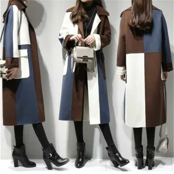 

2020 Spring Autumn Women's Coats Contrast Patchwork Long Sleeve tops Striped Wool Coats Casual Streetwear Outerwear Windbreaker
