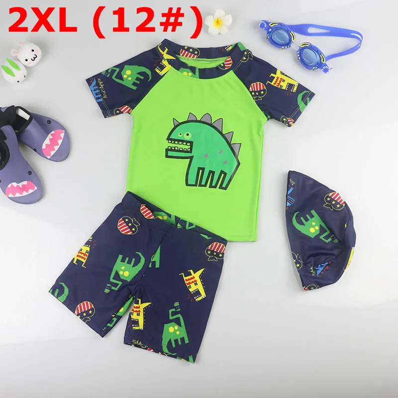 GREEN XXL Boy Baby Swimwear Dinosaur Swimming Suit for Boys Short Sleeves Toddler Kids Children's Swimwear Beach Clothes Bathing Suit 3pcs - Цвет: GREEN XXL