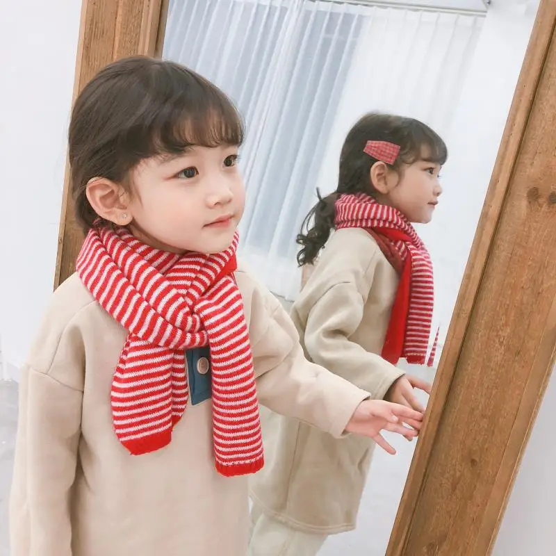 Корейский полосатый разноцветный детский шарф Зимний вязаный теплый Снуд шарф Детская уличная одежда Классическая мода толстый воротник
