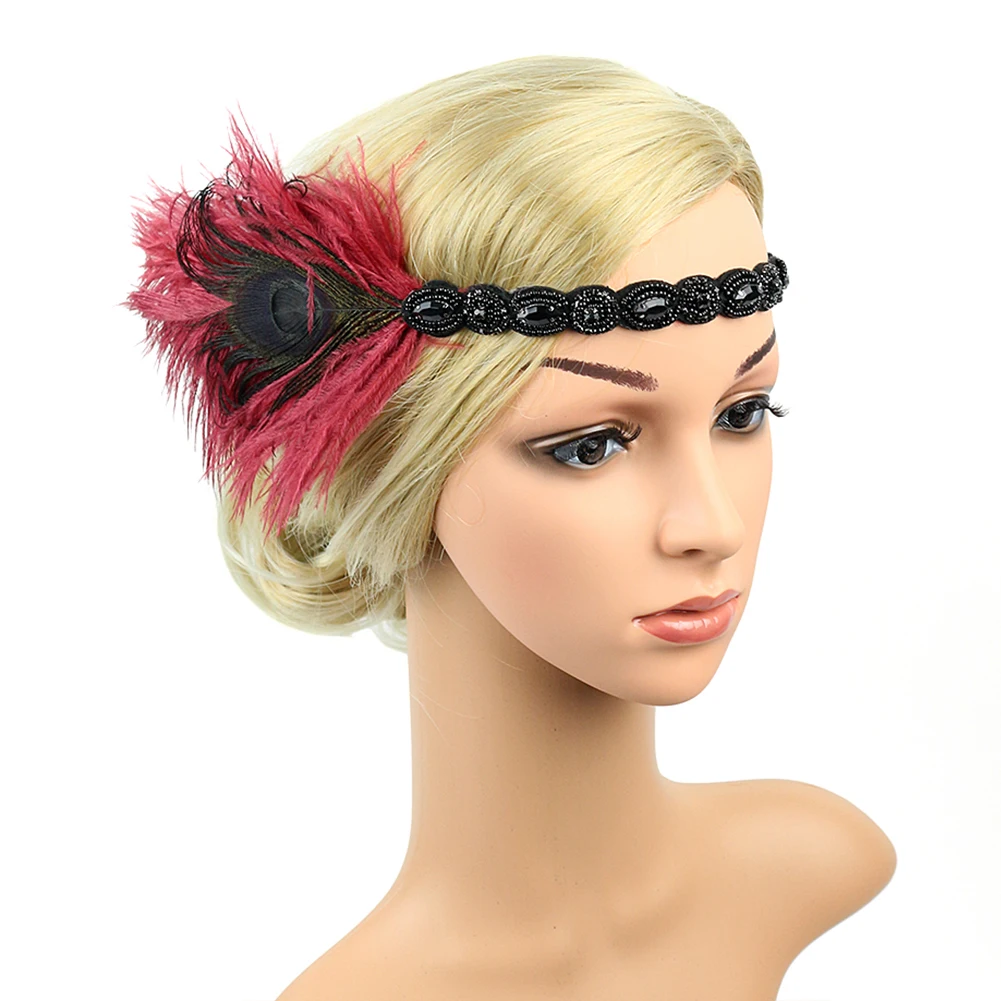 Бордовый Sequin Women Headband Retro Party Peacock Feather Wedding Ladies Fashion Hair Decoration Vintage Stage Show Rhinestone Beaded - Цвет: Бордовый