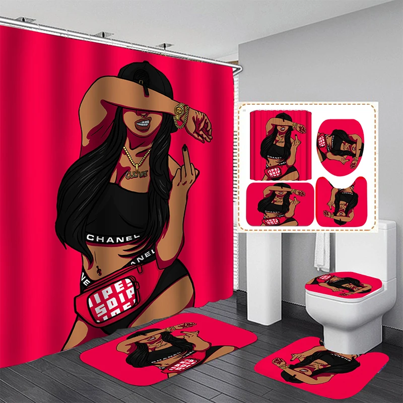 Cute African Girl Shower Curtain Set Waterproof Bathroom Curtains with Anti-slip Bath Mat Toilet Lid Cover Doormat Kitchen Rugs