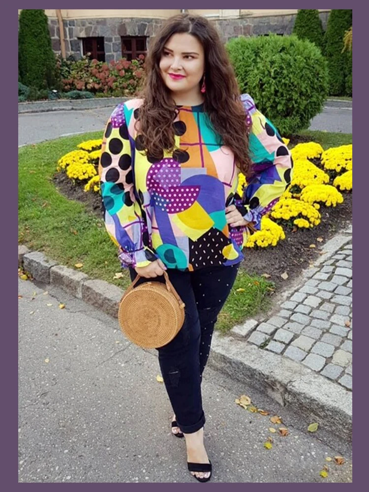 Dotfashion размера плюс, туника с смешанным принтом, топы для женщин, Повседневная летняя одежда с круглым вырезом и длинным рукавом, цветная Геометрическая опрятная блузка
