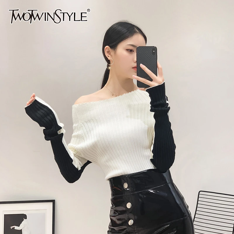 TWOTWINSTYLE модного цвета в стиле пэчворк женский свитер с вырезом лодочкой и длинным