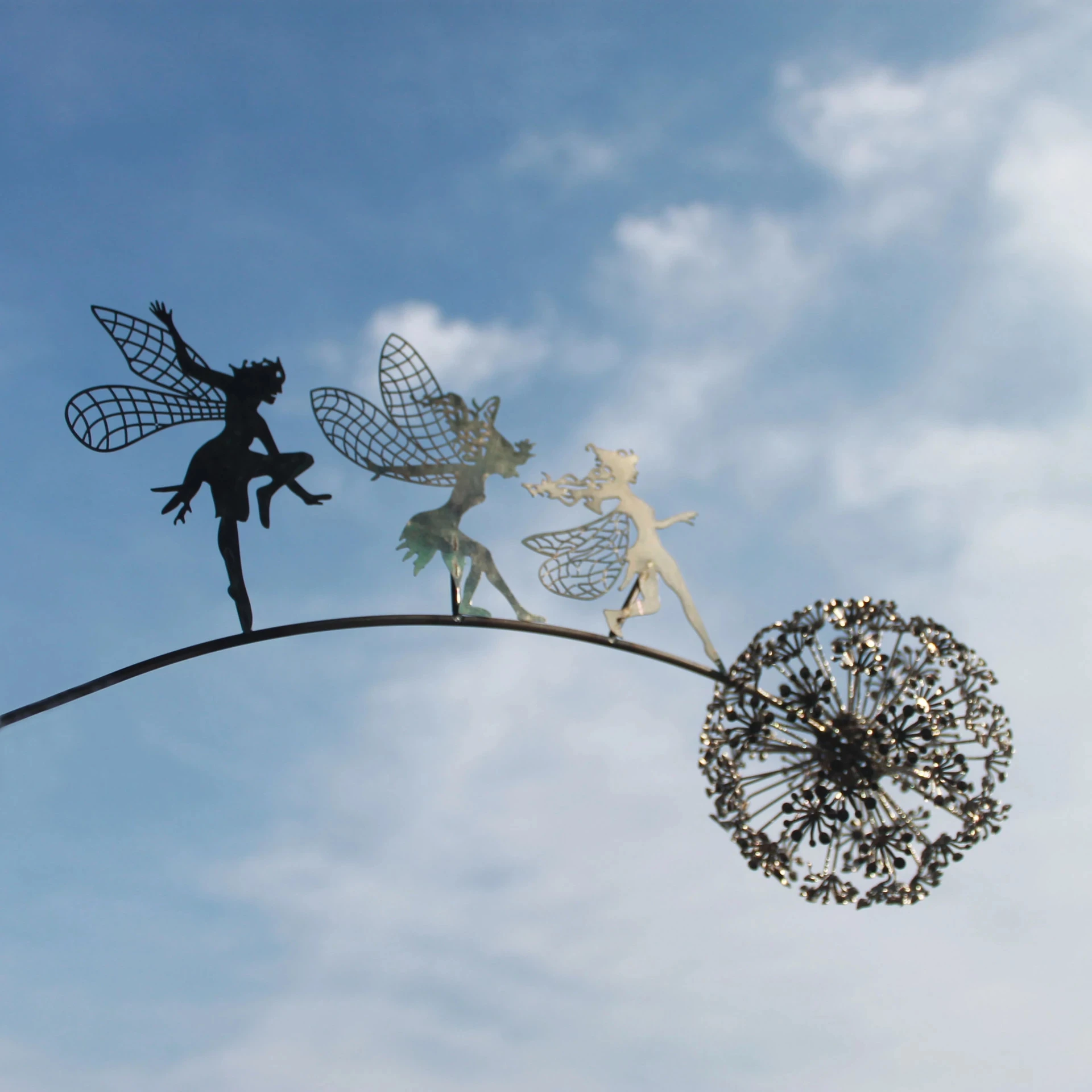 Garden Decorative Stake Fairies And Dandelions Dance Together Metal