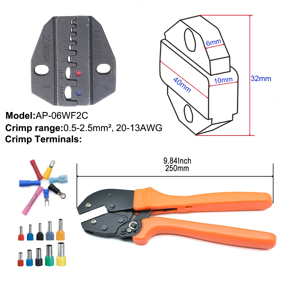 Обжимной инструмент 250 мм трещотка провода щипцы и сменные штампы для термоусадочных разъемов неизолированные наконечники - Цвет: 06WF2C