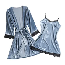 Зимний велюровый ночной халат, сексуальный женский комплект из 2 предметов, топ на бретелях, комплекты одежды для сна, Повседневная Пижама домашняя одежда, ночное кимоно для сна, банное платье