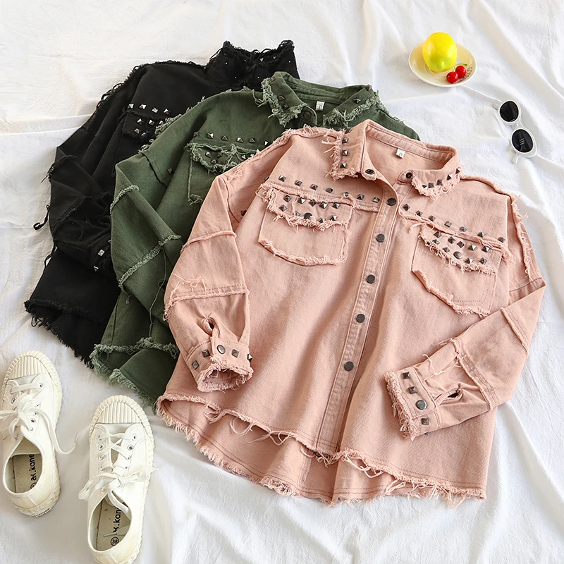 

Spring Rivet Denim Jacket Casual Loose Jeans Jacket Women Long Sleeve Plus Size Women Bomber Jacket Autumn Women's Denim Coat