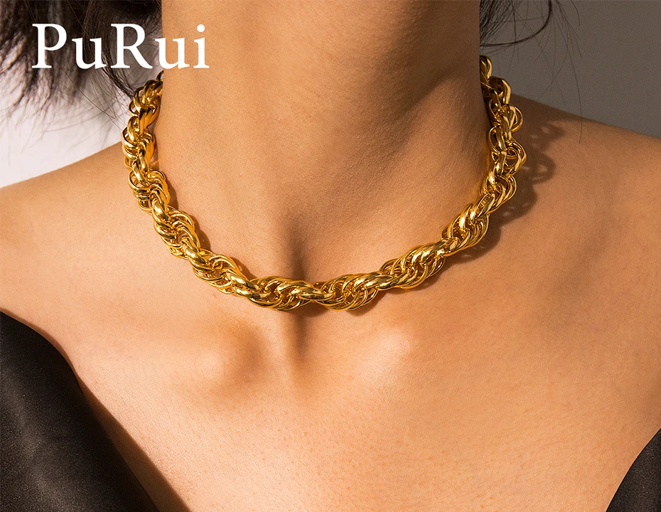PuRui Punk Golden Twisted Chain Necklace Short Statement Personalized Choker Collar Fashion Necklace for Women Hip Hop Jewelry