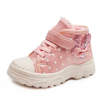 

Girls high top Sneakers plus velvet warm casual shoes girls cute rabbit polka dot leather cotton boots for kids 2020 winter new