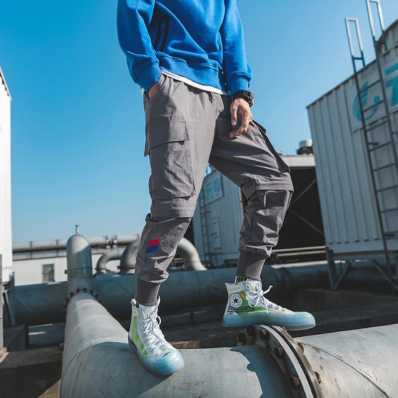 Серый Men's Casual Pants High quality Polyester Hip Hop jogging Sweatpants Leg detachable 2 use Multi-pocket Fashion Cargo Pants A909 - Цвет: Серый