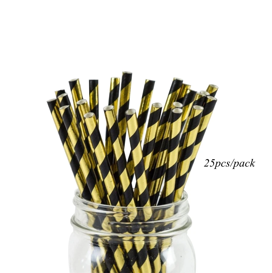 25pcs black straw 1 Набор, синяя серия, полосатая одноразовая посуда, сделай сам, позолоченные бумажные тарелки, посуда для свадебного стола, Декор, принадлежности для дня рождения - Цвет: 25pcs black straw