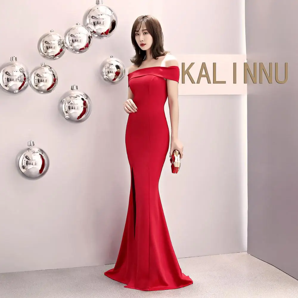 Red Beauty-Emily, атласные вечерние платья с открытыми плечами, Длинные вечерние платья русалки, вечерние платья, сексуальные свадебные платья с разрезом, robe de soiree - Цвет: Red