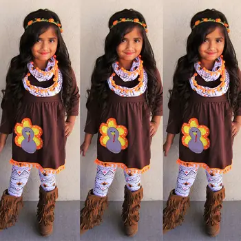 

CHILDREN'S Suit Autumn And Winter Girls Long Sleeve Tassels Dress Printed Trousers Two-Piece Set Thanksgiving