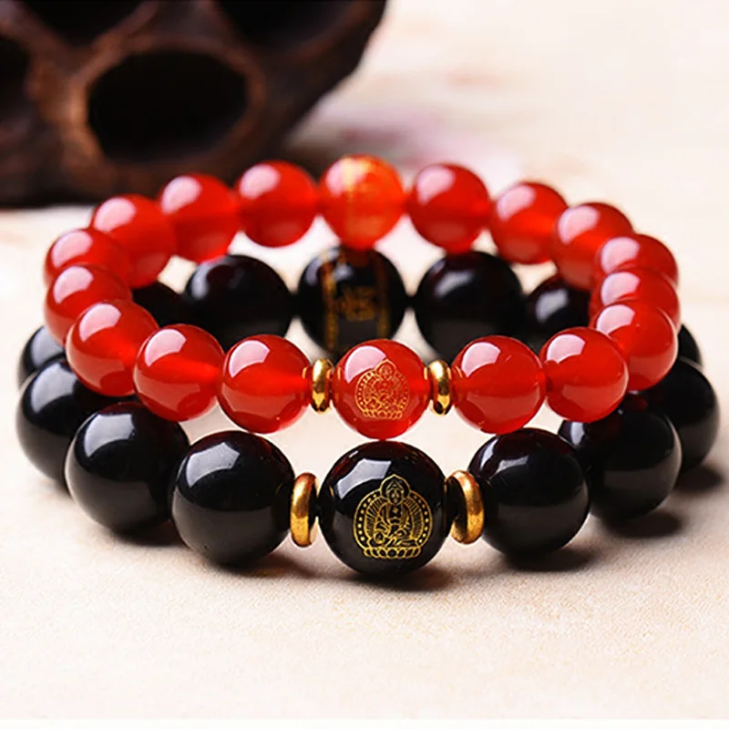 

Drop Shipping Natural Red Agate Bracelets Black Hand String Obsidion Bangles Lover's Fine Jades Stone Jewerly