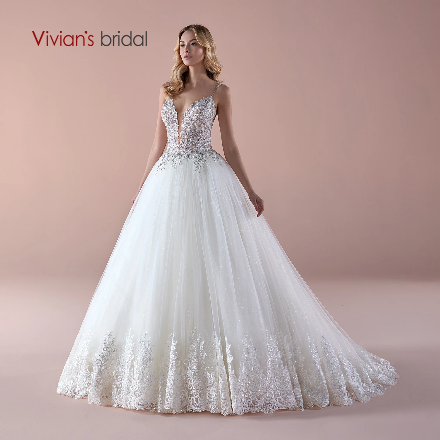 Vivian's Bridal Boho кружевное платье с аппликацией из Мягкого Тюля, свадебные платья пикантные тонкие бретельки с глубоким v-образным вырезом и открытой спиной, с коротким шлейфом, свадебное платье - Цвет: ivory