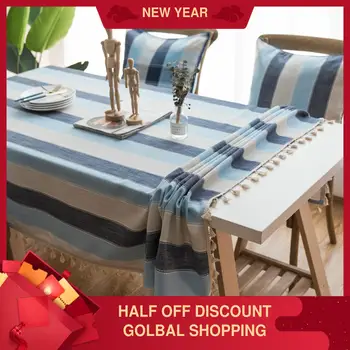 

Striped Waterproof Tablecloth Mediterranean Style Blue Fabric Cotton and Linen Small Fresh Dining Table Rectangular Coffee