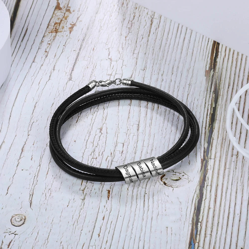 JewelOra-pulsera de cuentas de cuero negro para hombre, brazalete de acero inoxidable con grabado personalizado de nombres familiares, regalo para novio