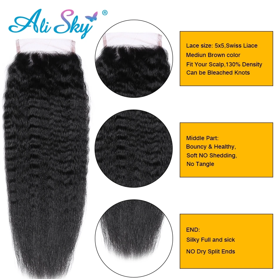 5x5 Lace Closure Kinky Straight Frontal Closure Pre Plucked With Baby Hair Bleached Knots Virgin Unprocessed Hair Yaki Straight human hair closure human hair lace product human hair frontal