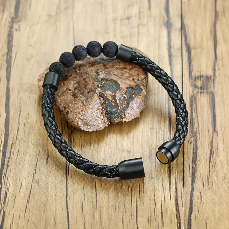 Titanium Steel Stainless Steel Man Chakra Bracelet Jewelry Black Leather Volcanic Beaded Stone Bracelets