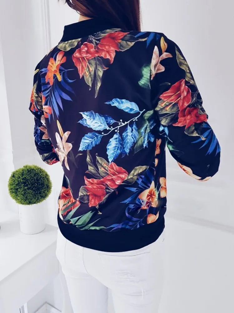 Most effective Adogirl Floral Print Women Baseball Jacket S-8XL Front Zipper Long Sleeve Slim Coat