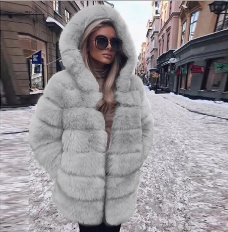 light gray color Fengguilai модное роскошное пальто из искусственного меха для женщин 80 см длинная куртка из натурального Лисьего меха с большим меховым капюшоном полный рукав зимний толстый мех - Цвет: light gray color