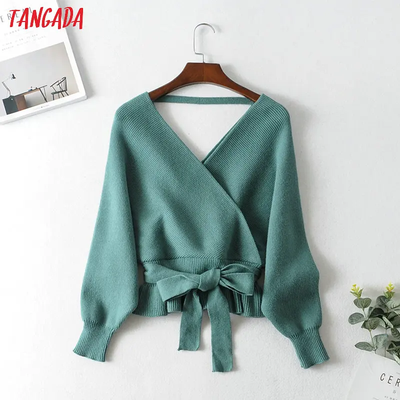 Najtaniej Tangada damski seksowny backless jednolity sweter sweter koreański moda z długim rękawem v neck swetry bluzki damskie JA07