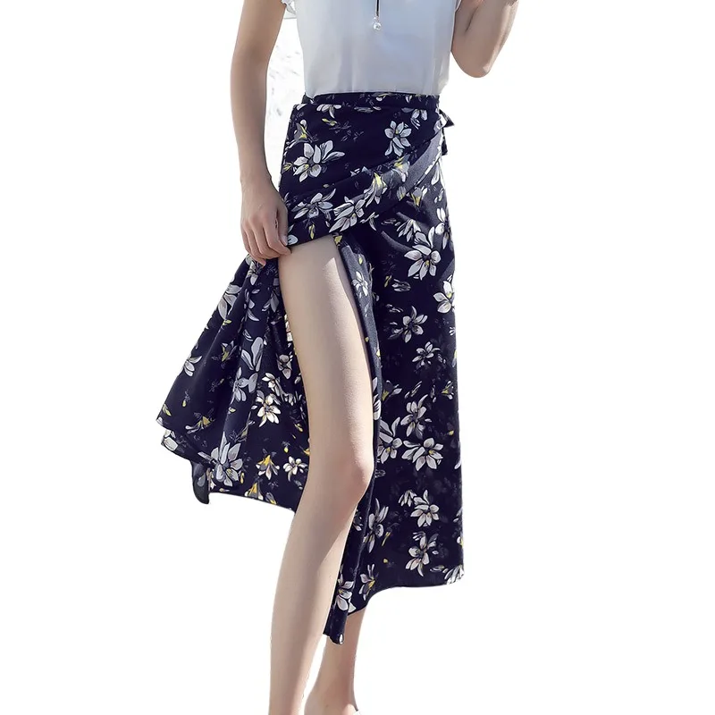 Женская Бохо Цветочная Длинная пляжная юбка для лета Солнечная женская повседневная юбка Цветочная шифоновая юбка-пачка
