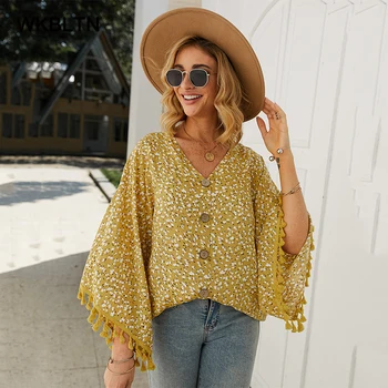

Sexy V-neck Summer T Shirt Women Polka Dot Tassel Button Top Tee 2020 Casual Loose Top Fashion Streetwear
