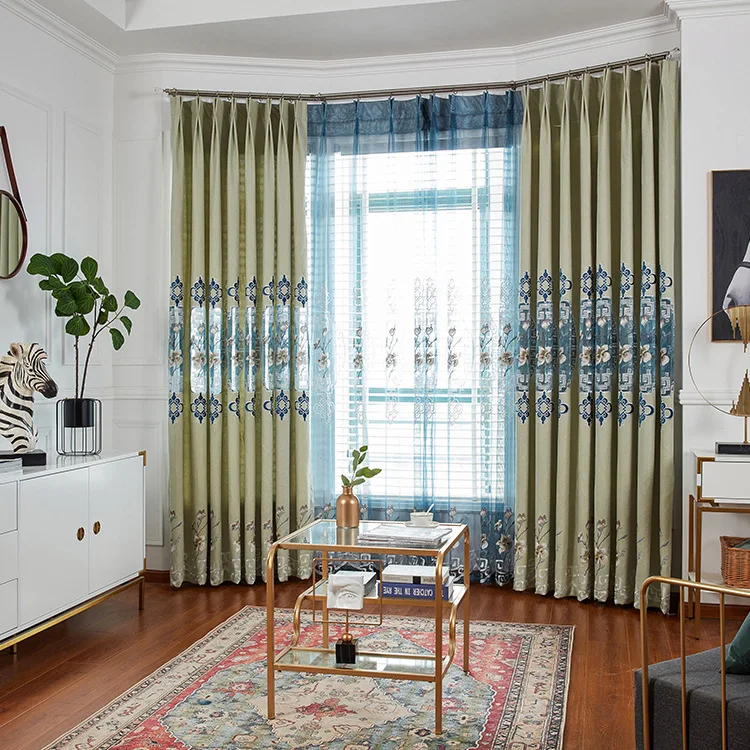 

High Shading European Square Lattice Stitching Embroidery Shading Curtains for Living Dining Room Bedroom.
