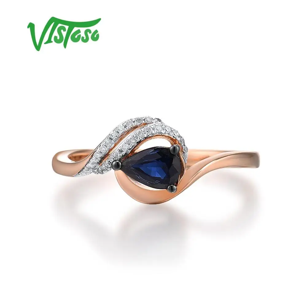 VISTOSO кольцо из чистого розового золота 14 к 585 пробы для женщин, кольцо из сияющей алмазы, синий сапфир, Роскошные Свадебные Элегантные ювелирные изделия для помолвки