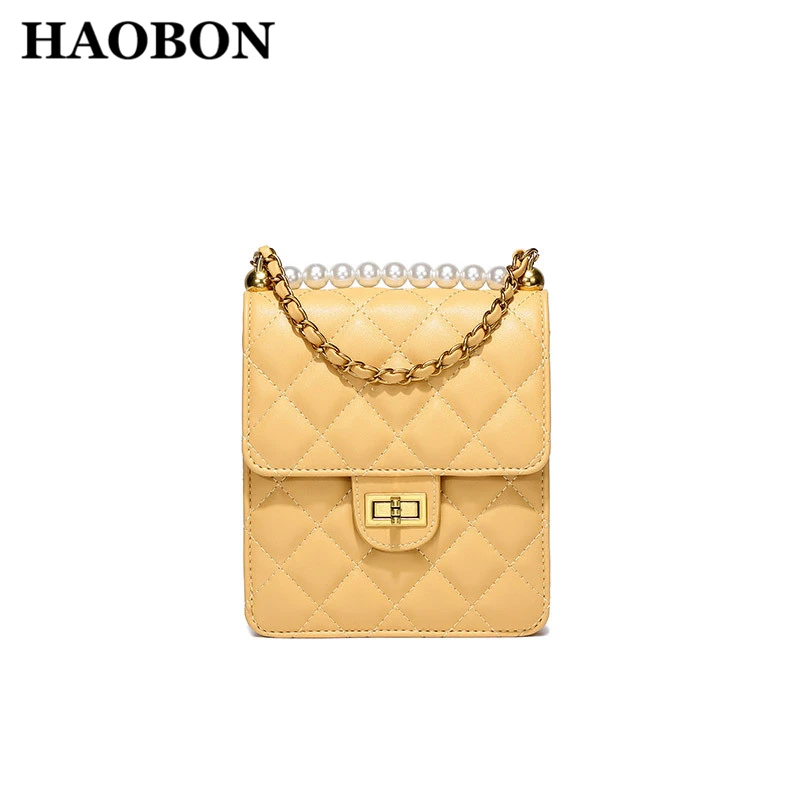 

HAOBON Fashion Bags For Women Soft Single Strap Chains PU Shoulder Bag Solid Color Hasp Thread Crossbody Female Flap All Seasons