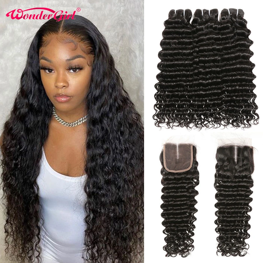 Deep Wave Bundles With Closure Human Hair Bundles With Closure Brazilian Hair Weave Bundles With Closure Wonder Girl No Shedding Bundles With Closure Bundles Deep Wavebundles Waves Aliexpress