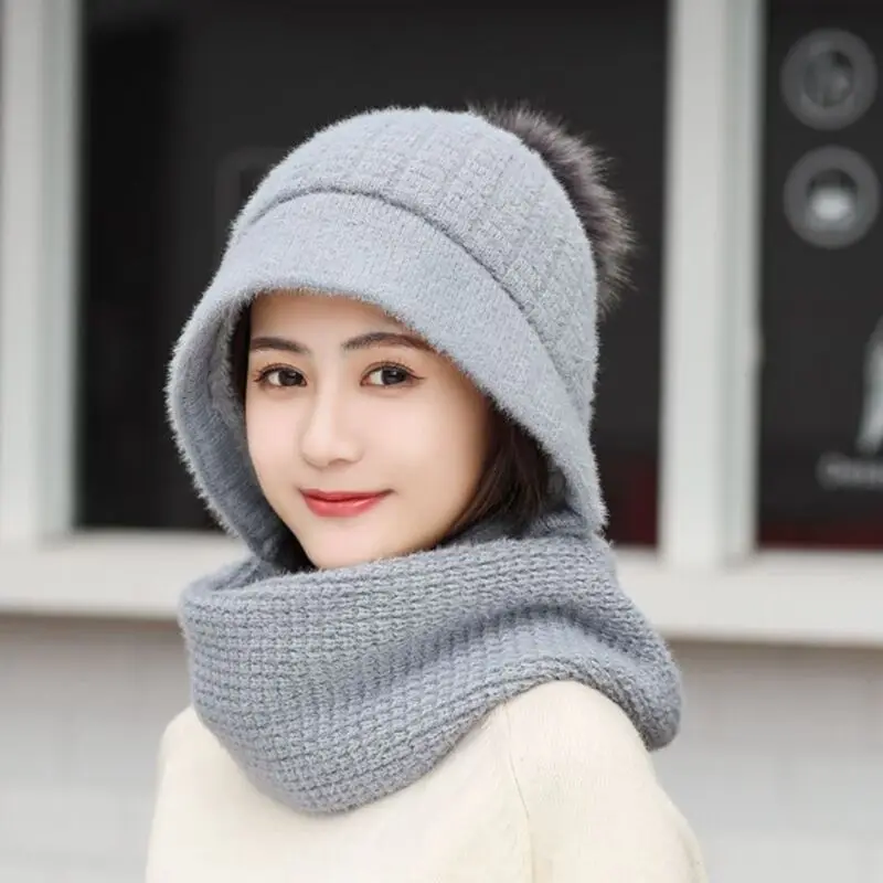 Зимние шерстяные вязанные шарф и шапка набор бини женский шарф Skullies Beanies шапки для женщин шапка s Gorras Bonnet маска цельная шапка - Цвет: Серый