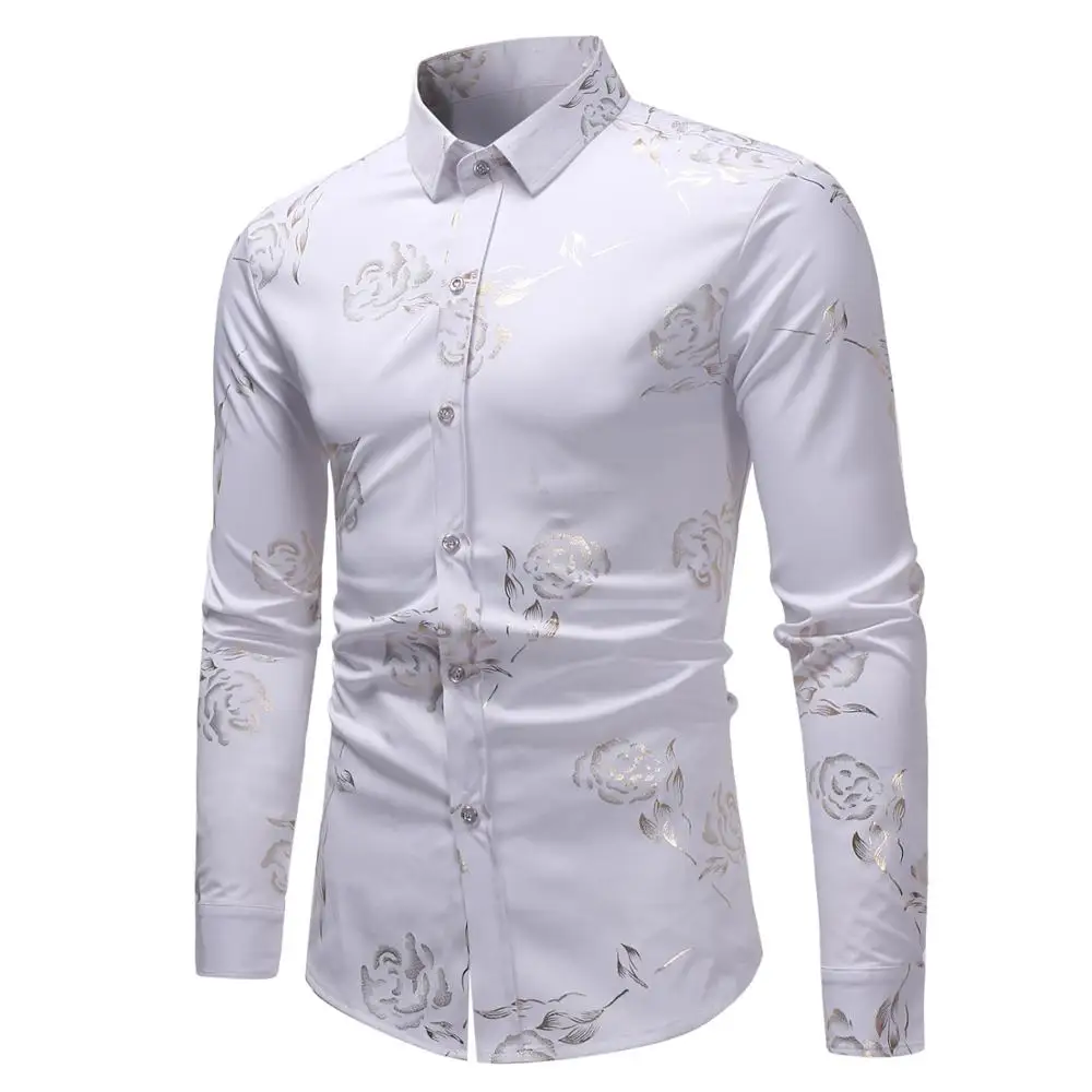 white Мужская Повседневная рубашка на пуговицах, Camisa Masculina,, модная черная розовая рубашка с цветочным принтом, мужская деловая рубашка с длинным рукавом - Цвет: white