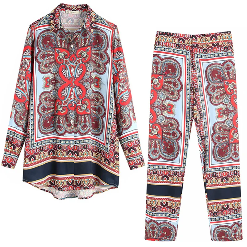 

Women's two piece set top and pants spring and summer women's suit retro print long-sleeved shirt + printed casual pants suit