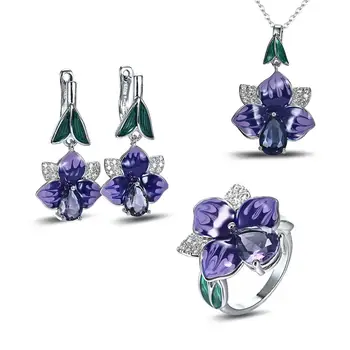 

Brand New Wedding Engagement Jewelry Sets for Women Big Cubic Zirconia Purple Flower Enamel Bohemia Cocktail Party Jewelry Set