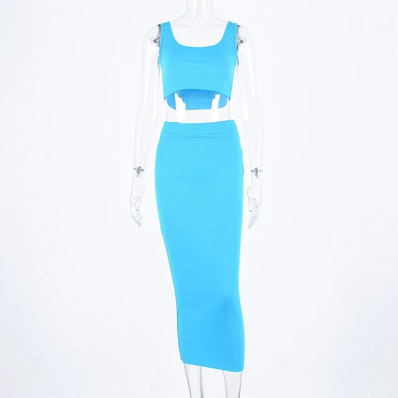 blue Новые женские юбки женские костюмы сексуальный короткий жилет без рукавов модные однотонные юбки до середины икры с высокой талией для женщин - Цвет: blue