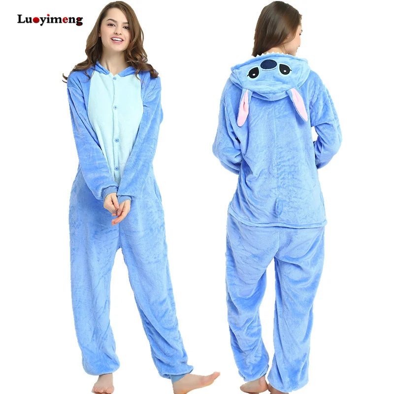 blue stitch Animal Kigurumi Unicorn Pajamas Set Winter Warm Pyjamas Women Adult Unisex Stitch Panda Pijimas Hooded Women Sleepwear Nightwear - Цвет: blue stitch
