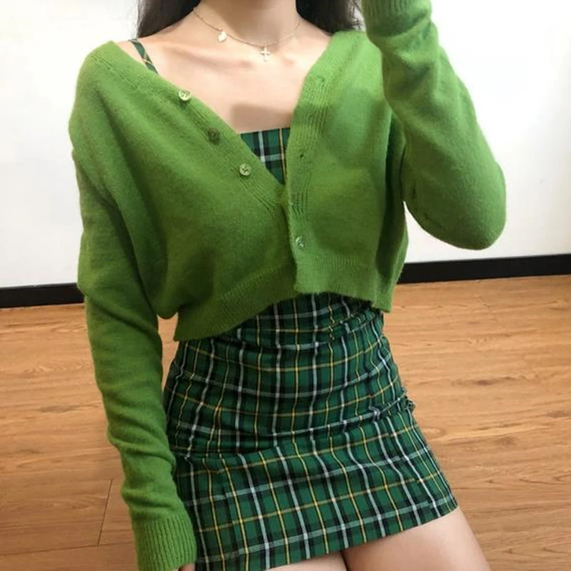 

V Neck Long Sleeve Knitting Short Cardigan Vintage High Waist Single-breasted Solid Color Woman Autumn Sweater