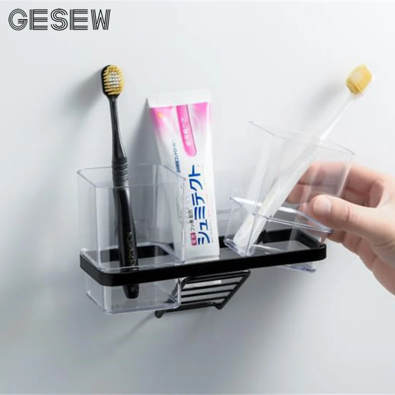 

GESEW Multi-function Toothbrush Holder Toothpaste Storage Shelf Punch Free Wall Mounted Toothbrush Case Bathroom Accessories