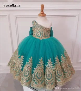 

Girls Clothes Flower Girls Dresses Ball Gown One Shoulder with Knot Bow Long Tulle Girls Birthday Dress Communion Gown For Kids