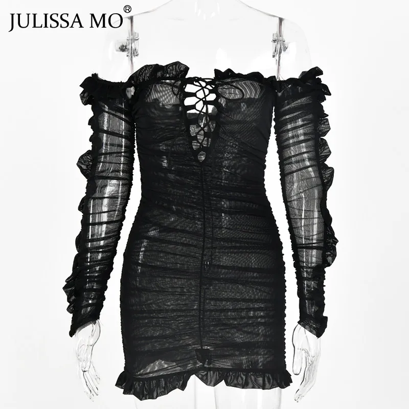 Julissa mo, Двухслойное Сетчатое облегающее платье, Осеннее сексуальное платье с открытыми плечами и оборками, женское модное короткое Клубное платье для вечеринок - Цвет: Черный